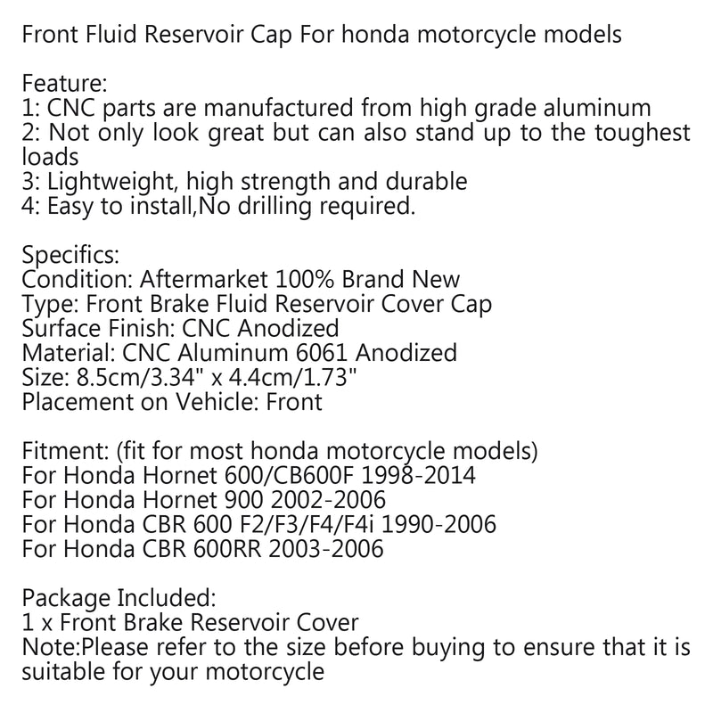 CNC Front Brake Fluid Reservoir Cover Cap For Honda Hornet 600/CB600F CRF450 Generic