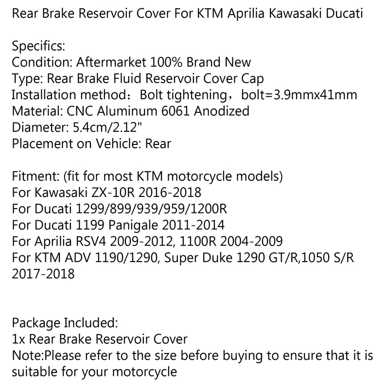 Rear Brake Fluid Reservoir Oil Cap For KTM 1190 1290 Super Duke ZX-10R Generic