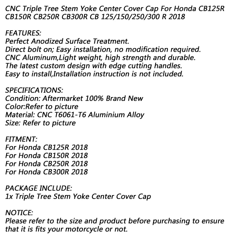 Triple Tree Stem Yoke Center Cover Cap For Honda CB125R CB150R CB250R CB300R 18 Generic