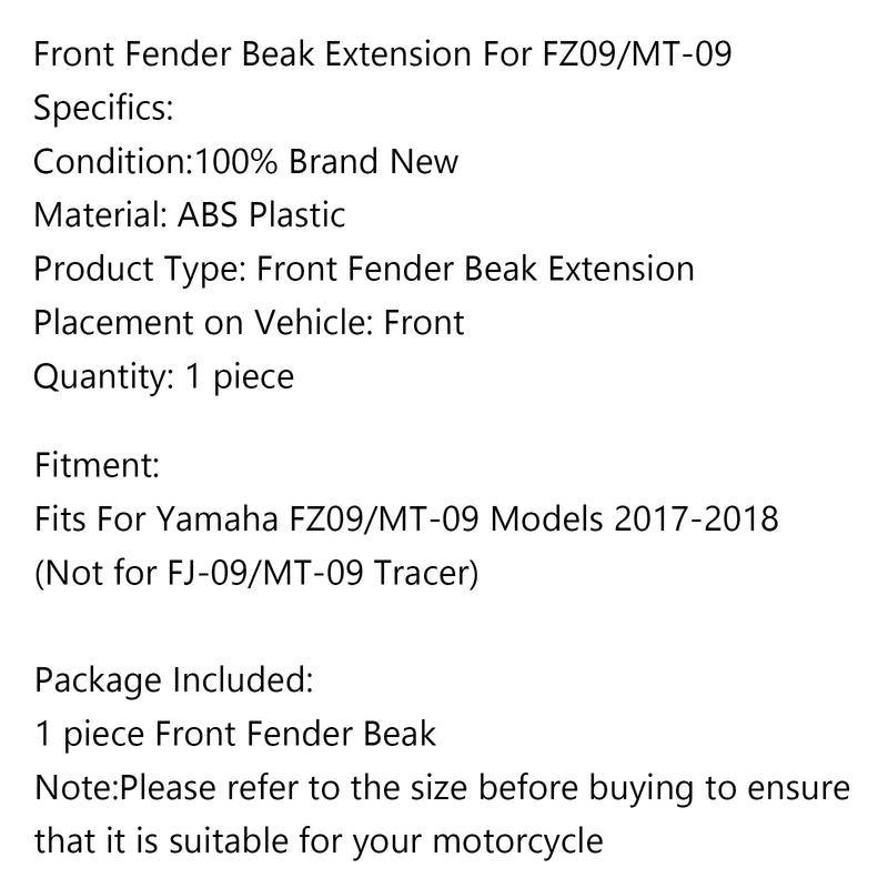 Motorcycle Front Fender Beak Extension For Yamaha FZ09/MT-09 Models 2017-2018 Generic