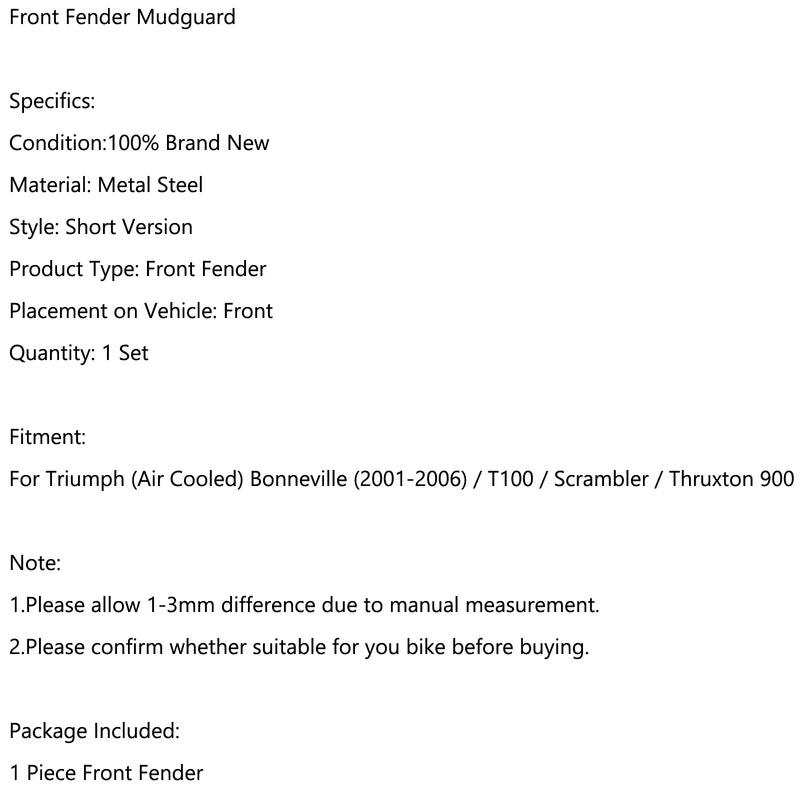 Short Front Fender Mudguard For Triumph Bonneville T100 Scrambler Thruxton 01-16 Generic