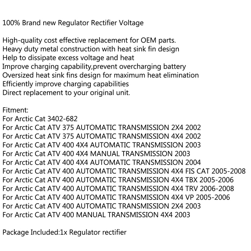 Voltage Regulator Rectifier 3402-682 For Arctic Cat ATV 375 400 4X4 AUTOMATIC Generic