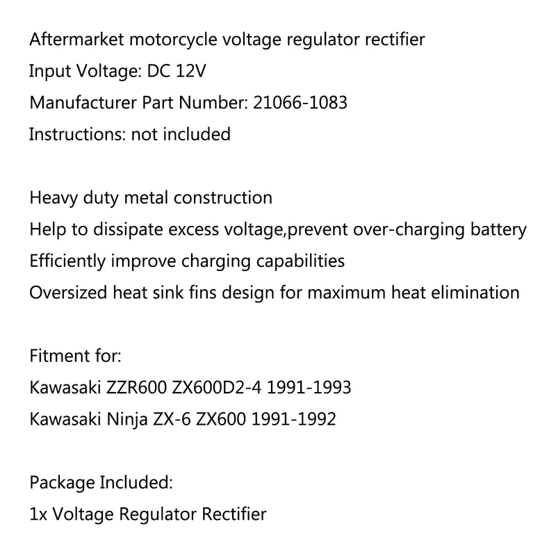 Voltage Regulator Rectifier For Kawasaki Ninja ZX-6 ZX600 1991-1992 Generic
