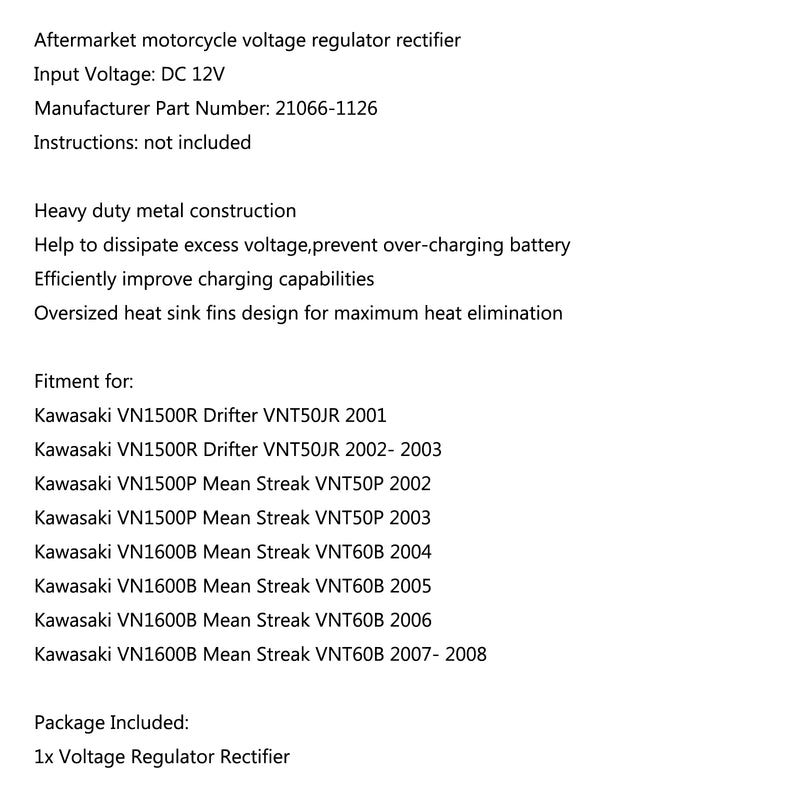 Voltage Regulator Rectifier For Kawasaki VN1600B Mean Streak VNT60B 2004-2008 Generic