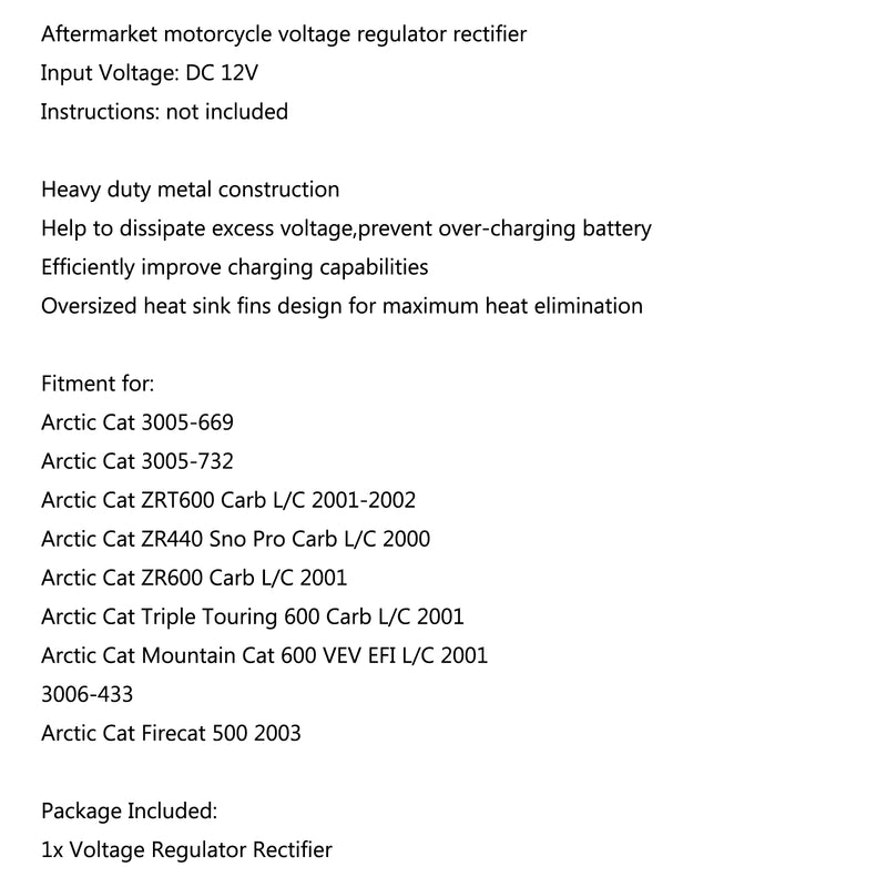 Voltage Regulator Rectifier For Arctic Cat ZR440 Sno Pro Carb L/C 2000 Generic
