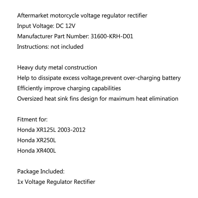 Voltage Regulator Rectifier For Honda XR125L 2003-2012 XR250L XR400L Generic