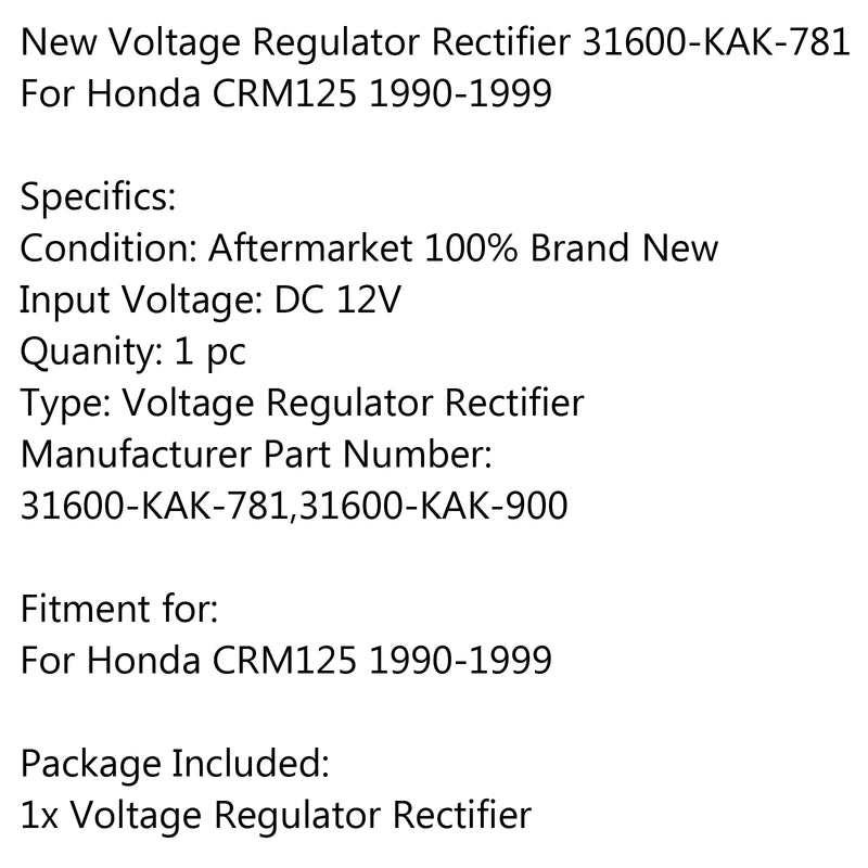 New Voltage Regulator Rectifier 31600-KAK-781 For Honda CRM125 1990-1999 Generic