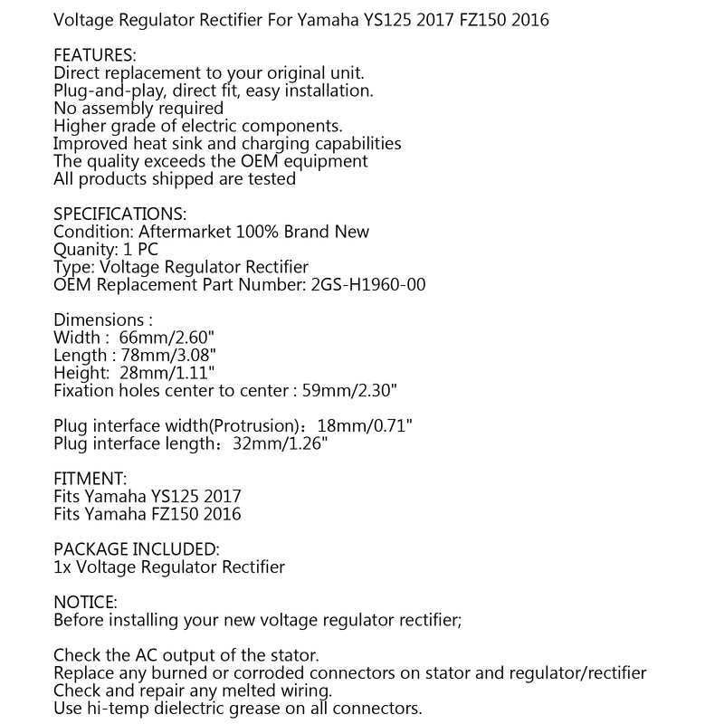 NEW VOLTAGE REGULATOR RECTIFIER FOR YAMAHA YS125 2017 FZ150 2016 2GS-H1960-00 Generic