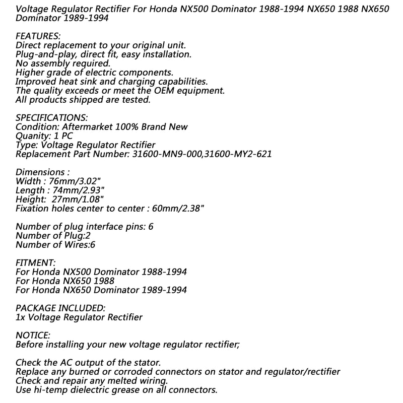 Voltage Regulator For Honda NX500 NX650 1988-1994 31600-MY2-621 31600-MN9-000 Generic