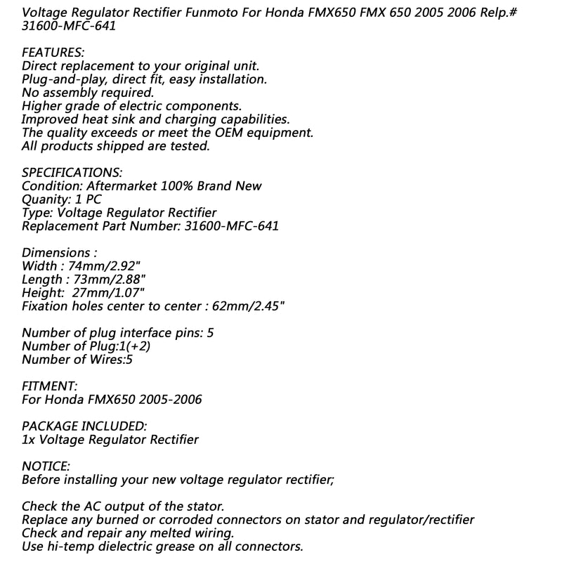 Voltage Rectifier Regulator For Honda FMX650 2005-2006 Repl.