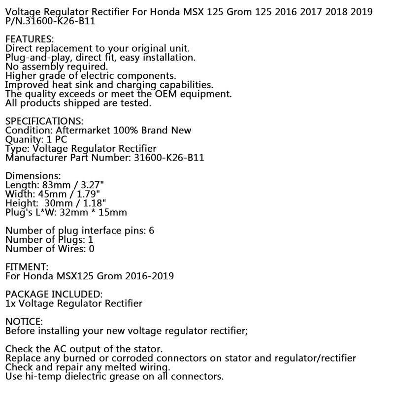 Voltage Rectifier Regulator For Honda MSX125 Grom 125 2016-2019 31600-K26-B11 Generic