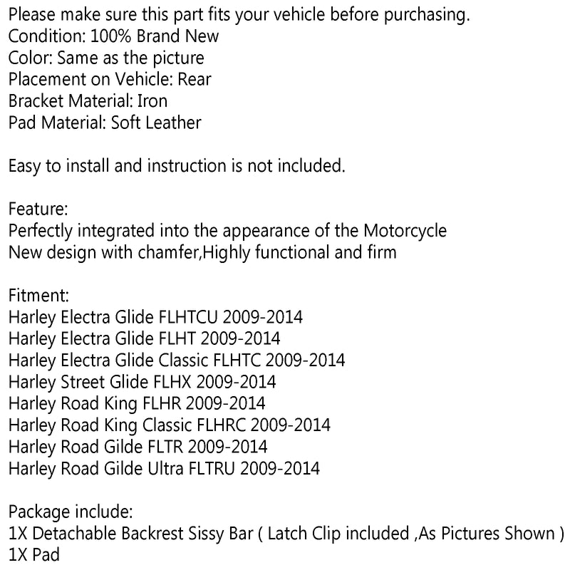 Sissy Bar Backrest Pad For Harley Electra Glide FLHT Road King FLHR 09-14 Generic