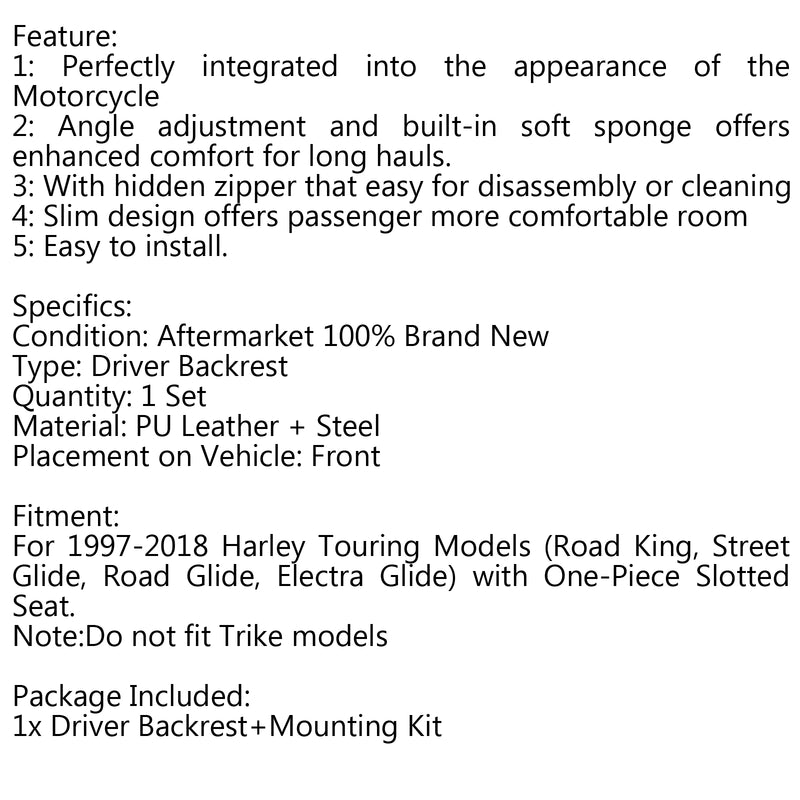 Adjustable Plug In Driver Backrest Kit for Harley Touring Electra Glide 14-2018 Generic