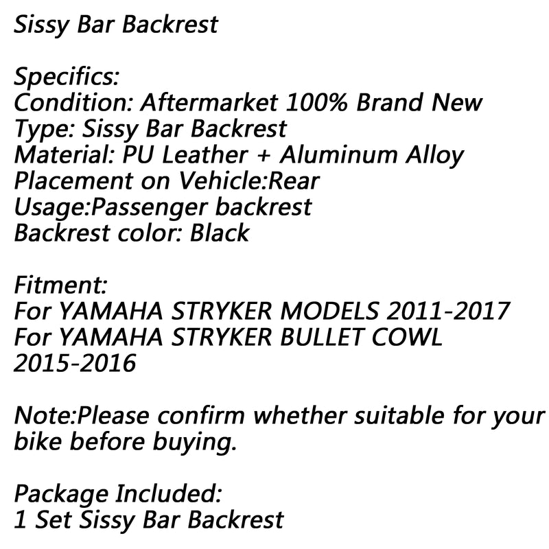 Backrest Sissy Bar For Yamaha Star Stryker Model Upright Pad Bullet Cowl XVS1300 Generic