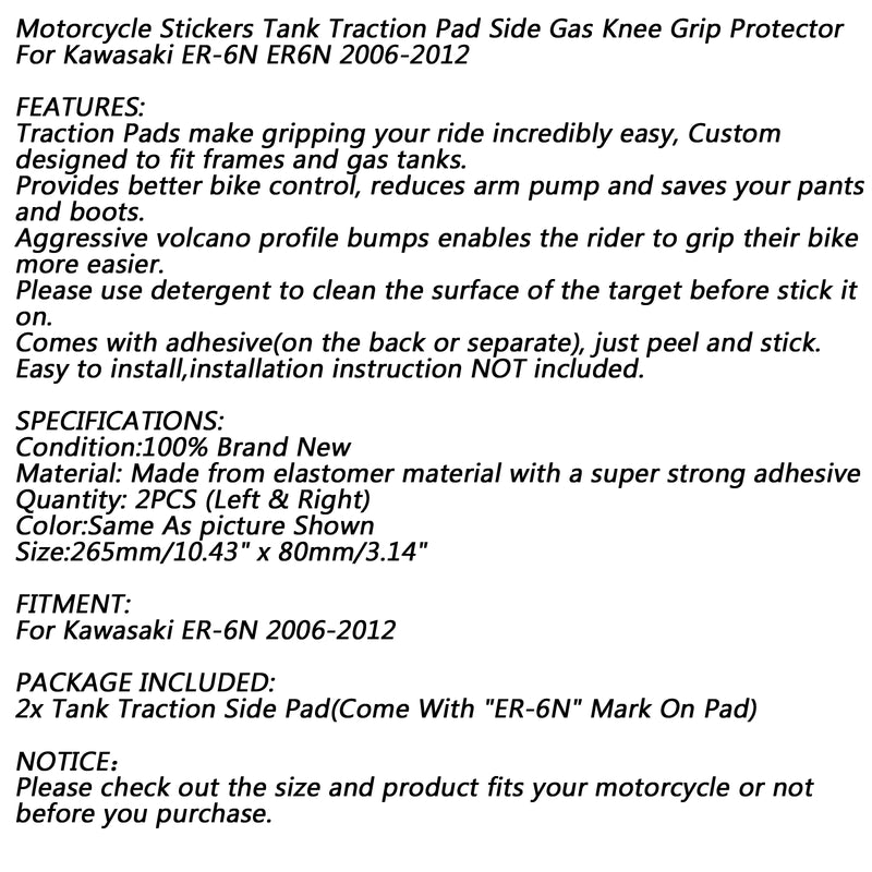 Tank Traction Pads Side Gas Knee Grip Protector for Kawasaki ER-6N ER650 06-15 Generic