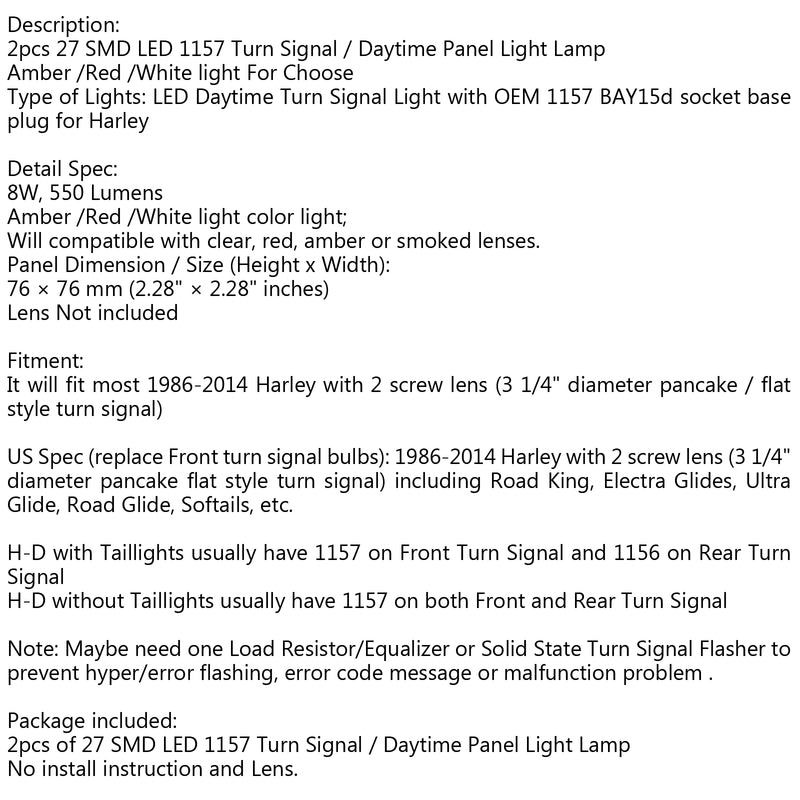 2x Harley Touring 1157 LED Daytime Turn Signal Panel Light DRL BAY15d Bulb Generic