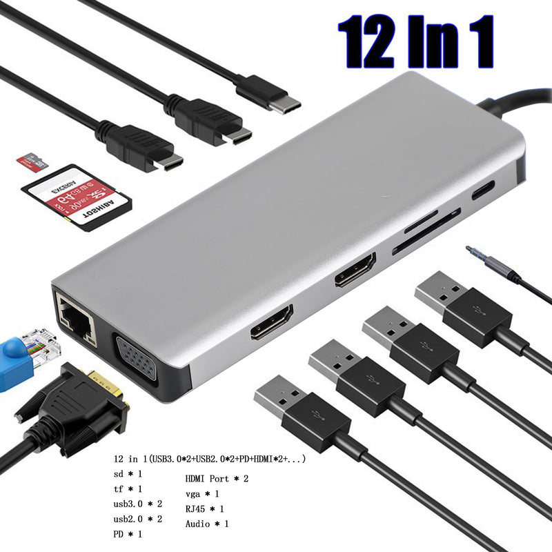 12in 1 Type-C HUB to USB-C USB3.0 HD TF TF 3.5mm PD Converter Docking Adapter