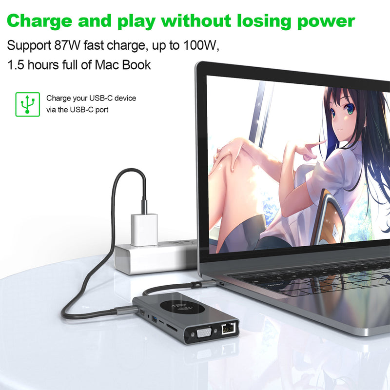 15 In 1 Wireless Charger Docking Station USB 3.0 HD+VGA+USB3.0*4+USB2.0*3+SD+PD