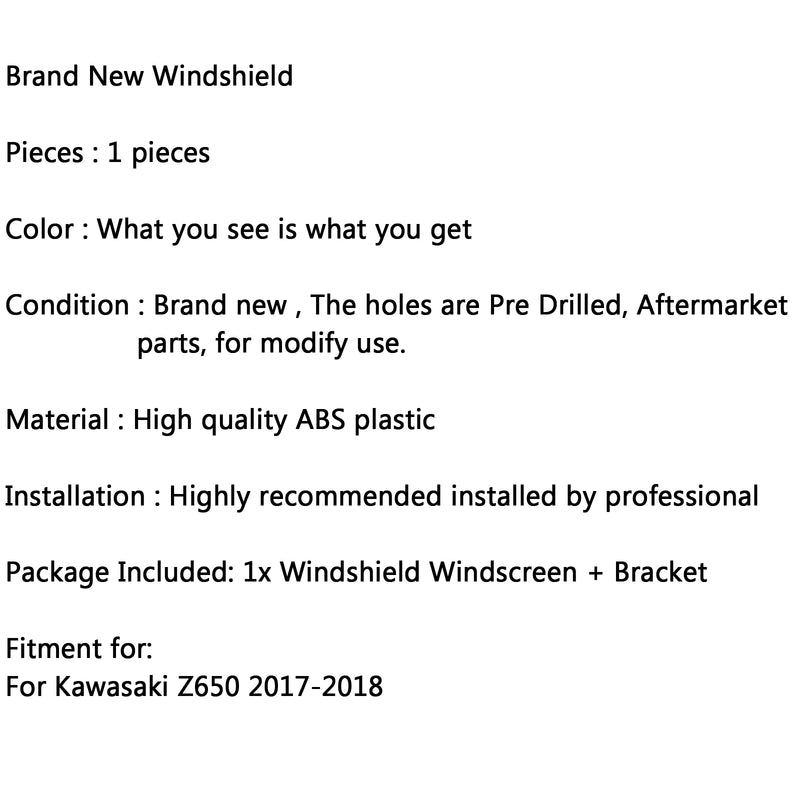 ABS Windshield Screen Windscreen with Bracket For Kawasaki Z650 2017-up Generic