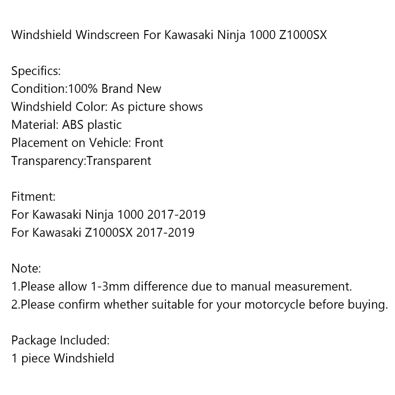1x Motorcycle Windscreen Windshield For Kawasaki Ninja 1000 Z1000SX 2017-2019 Generic