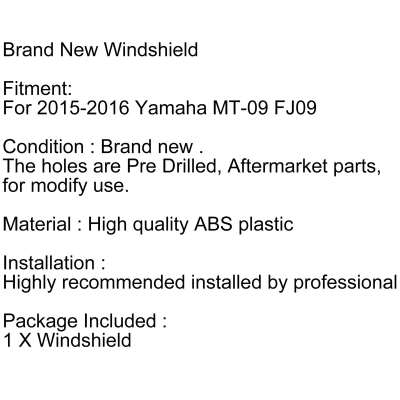 Windshield Windscreen For Yamaha FJ09 MT-09 Tracer (2015-2016) 7 Color Generic