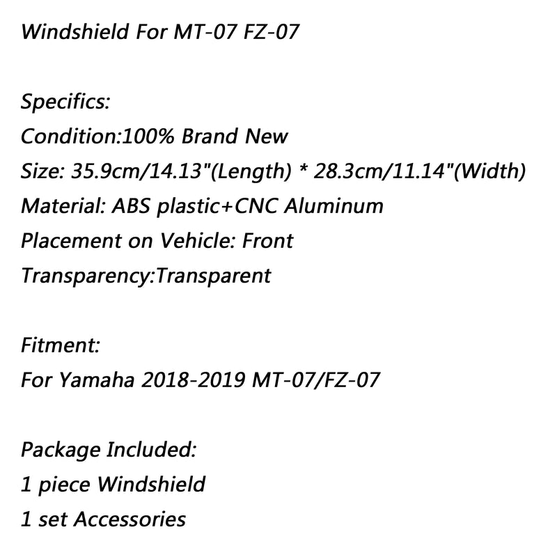 Windshield Windscreen Wind Shield Protector For 2018-19 Yamaha FZ 07 MT 07 Generic
