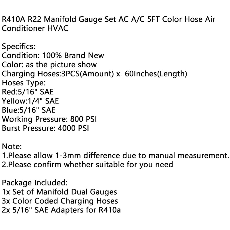 R410A R22 Manifold Gauge Set AC A/C Color Hose Air Conditioner HVAC 66"