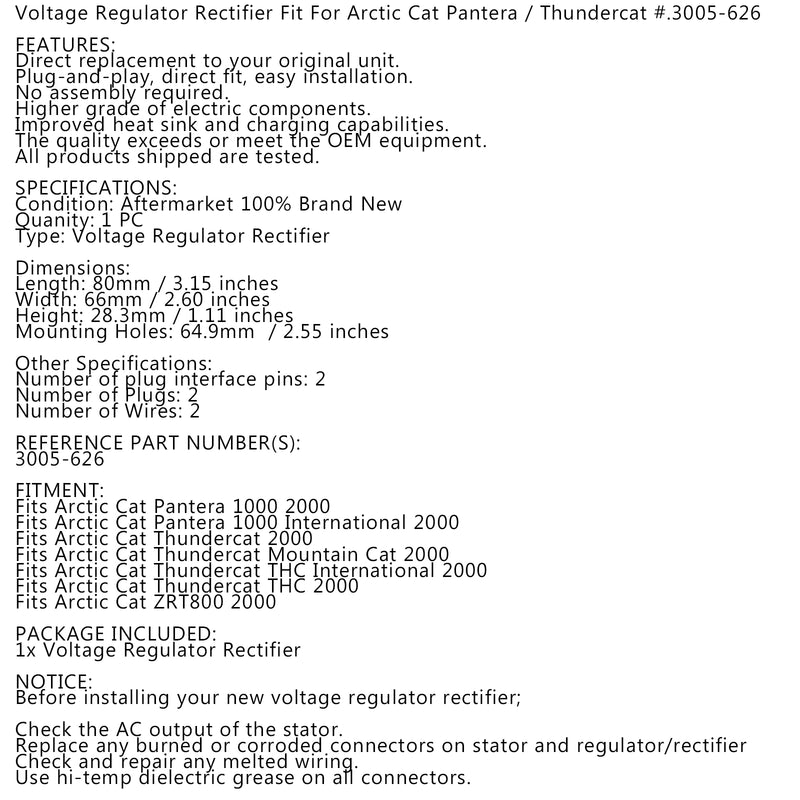 Regulator Voltage Rectifier Fit for Arctic Cat Thundercat ZRT800 2000 3005-626
