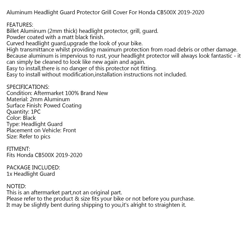 Aluminum Headlight Guard Cover Protector Black for Honda CB500X 2019-2020 Generic
