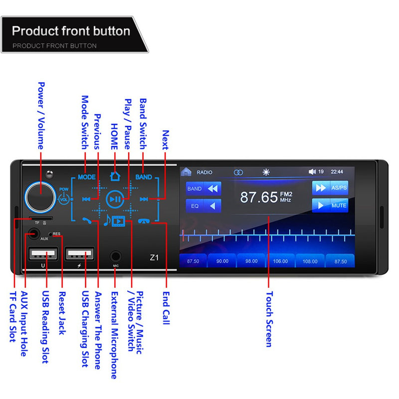 Single Din Touchscreen Radio Bluetooth Car Stereo 4 Inch FM + Rear View Camera