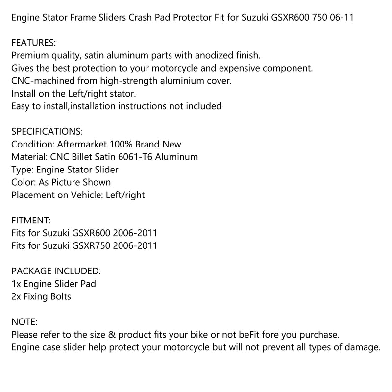 Engine Stator Slider Crash Pad Protector Guard For Suzuki Gsxr600 750 06-11