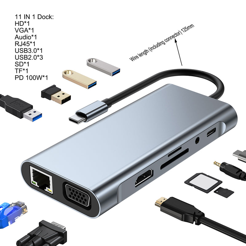 11 in 1 USB-C Type C HD Output 4K USB 3.0 HD Adapter HUB Multi-function Dock