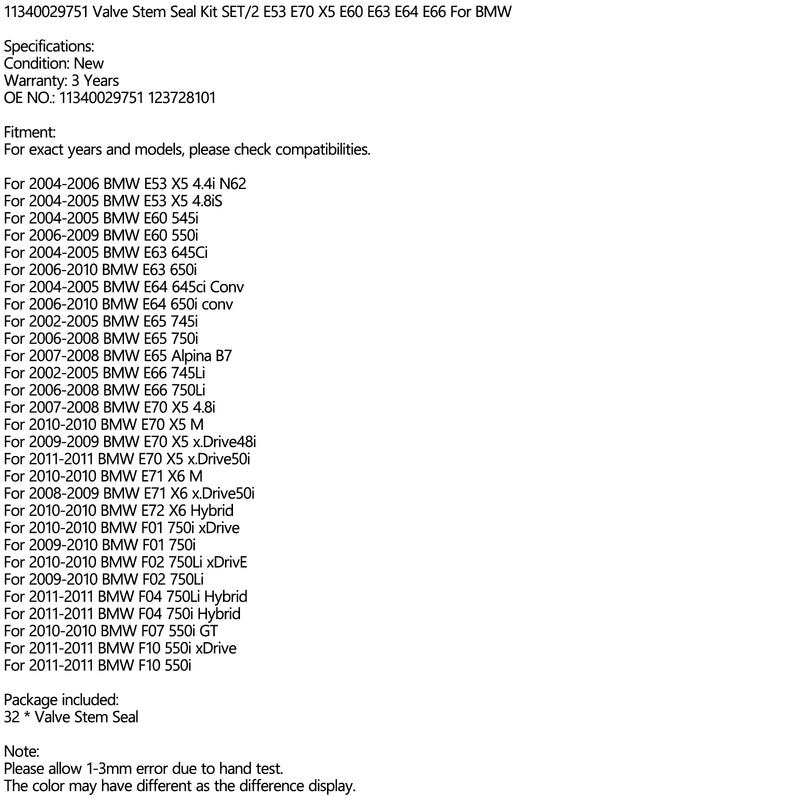 32PCS 11340029751 Valve Stem Seal Kit SET For BMW E53 E70 X5 E60 123728101 Generic