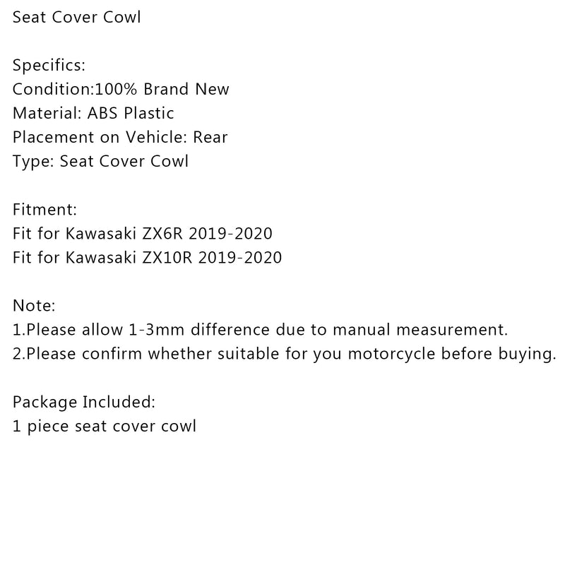 Kawasaki ZX6R ZX10R 2019-2024 Motorcycle Rear Seat Fairing Cover Cowl