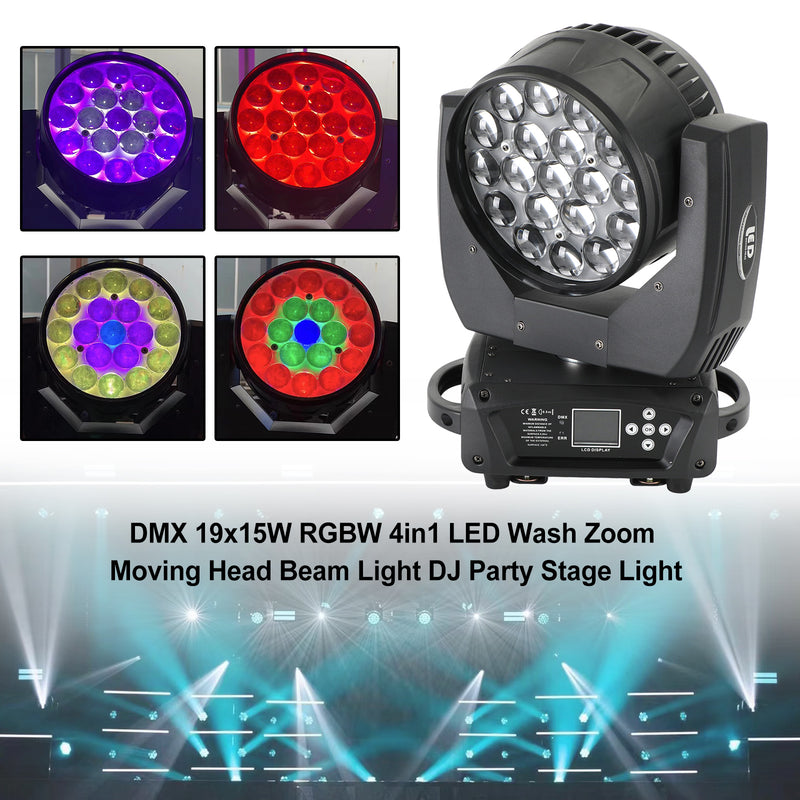 DMX 19x15W RGBW 4in1 LED Wash Zoom Moving Head Beam Light DJ Party Stage Light