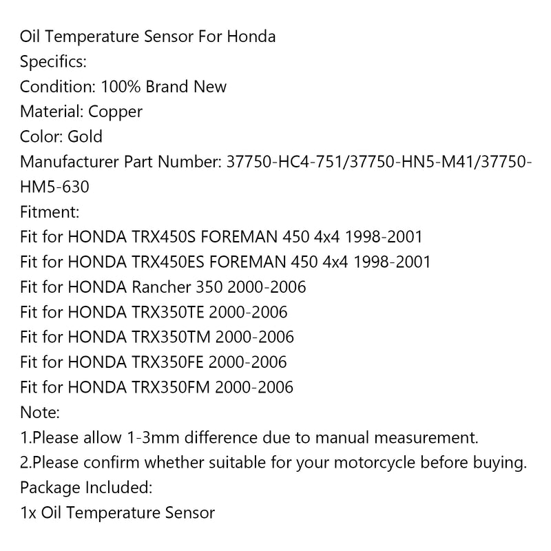 Oil Temperature Sensor 37750-HC4-751 for Honda TRX450S TRX450ES Rancher 350 Generic