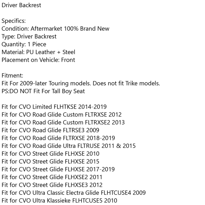 Driver Backrest for 2009-2020 Touring Road Street Electra Glide FLHR FLTR Generic