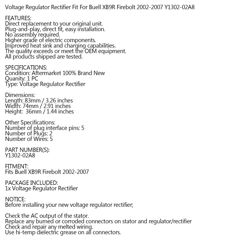 Voltage Regulator Rectifier for Buell XB9R Firebolt 2002-2007 P/N.Y1302-02A8 Generic