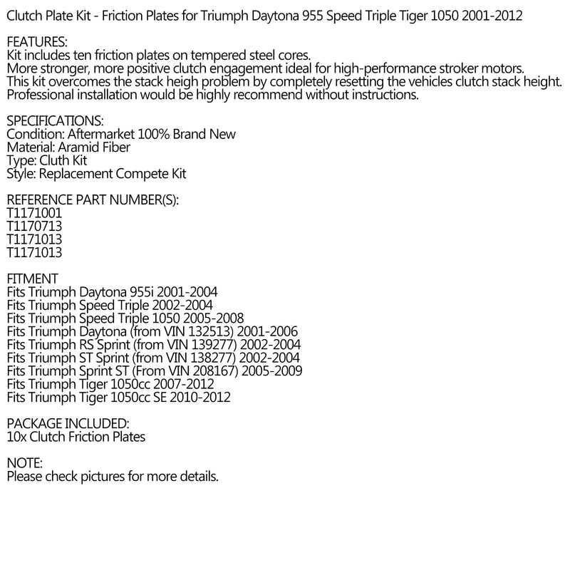 Clutch Friction Plate Kit Set For Triumph Daytona 955 Tiger 1050 2001-2012 Generic