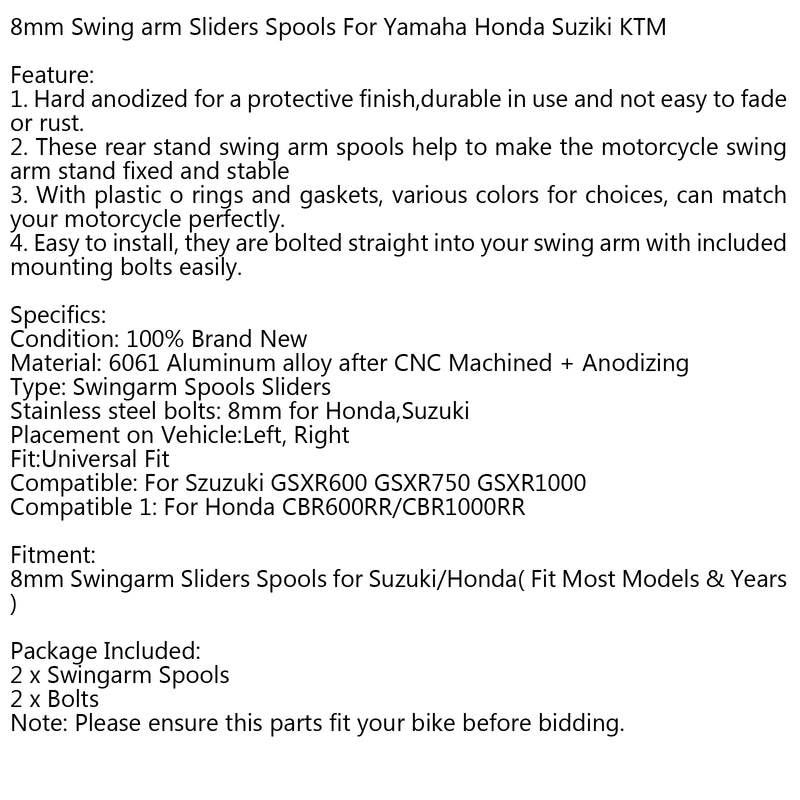 1Pair 8mm Moto CNC Swingarm Swing Arm Spools Spool Sliders For Suzuki Honda