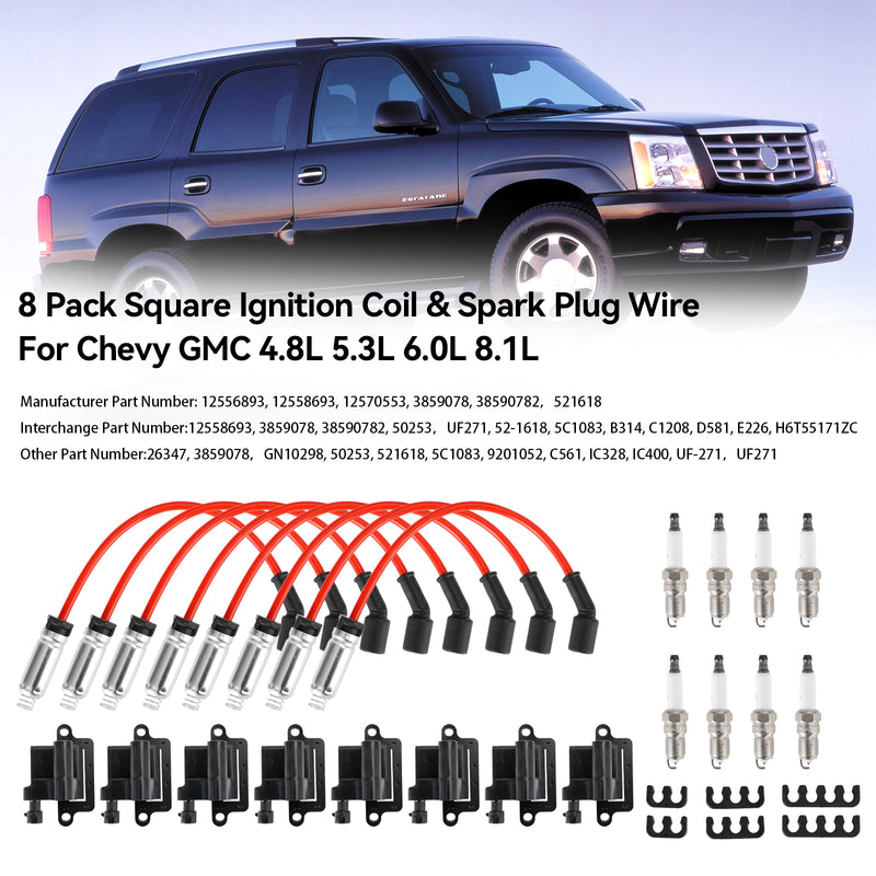 1999-2007 Chevrolet Silverado 2500 GMC Sierra 1500 2500 8 Pack Square Ignition Coil & Spark Plug Wire