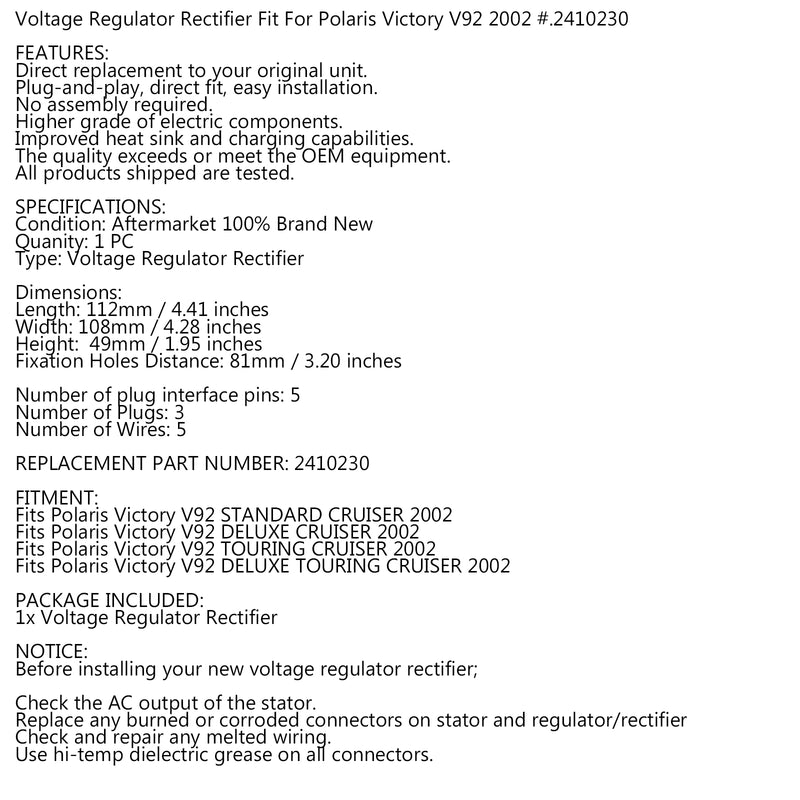 Rectifier Regulator for Polaris Victory V92 Cruiser 2002 Replacement 2410230 Generic