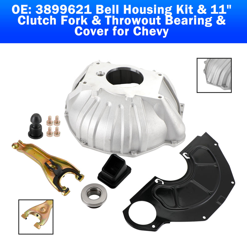 3899621 1959-1988 Chevy Impala, Caprice, Bel Air, Biscayne, Brookwood, Kingswood, Nomad, Sedan Delivery* Bell Housing Kit & 11" Clutch Fork & Throwout Bearing & Cover Fedex Express