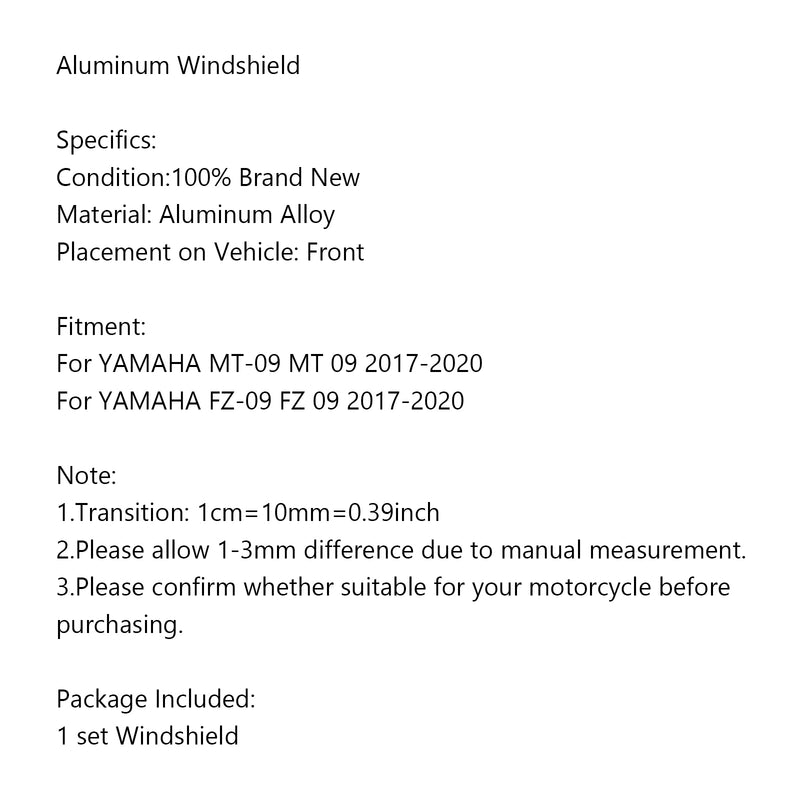 Windscreen Windshield Shield Protector Black For YAMAHA FZ 09 MT 09 2017-2020 Generic