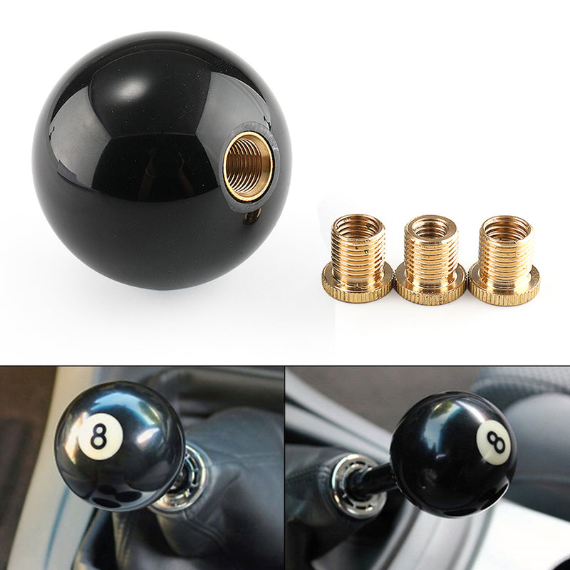 Universal No.8 Billiard Ball Gear Shifter Black Round Shift Knob w/ 3 Adapters