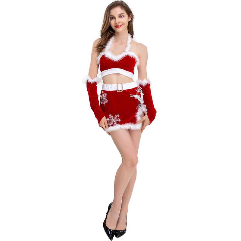Women Christmas Santa Costume Fancy Dress Velvet Mini Dress Xmas Party Clubwear