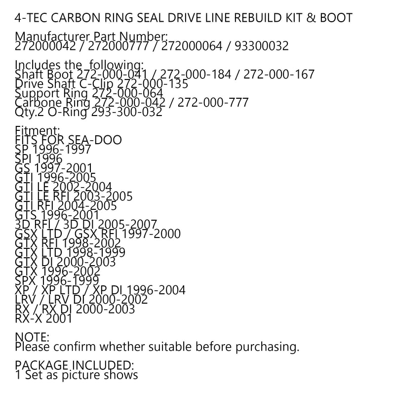 Sea Doo 717 720 787 800 951 Carbon Seal Drive Line Rebuild Repair Kit & Boot
