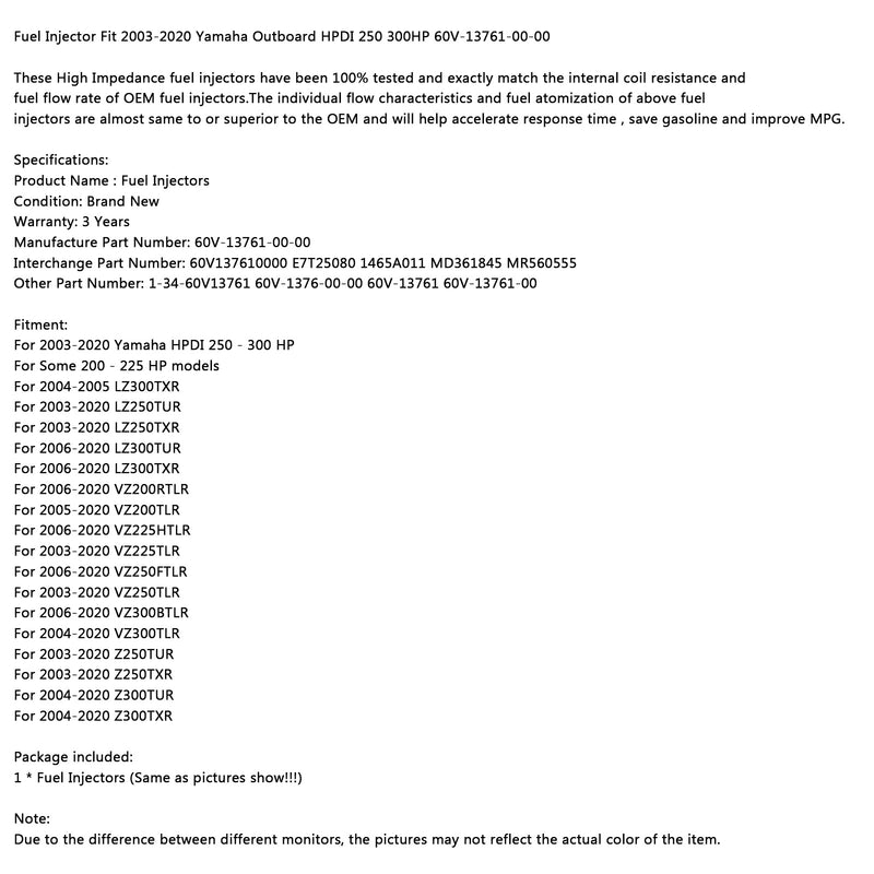 1Pcs Fuel Injector Fit 2003-2020 Yamaha Outboard HPDI 250 300HP 60V-13761-00-00 Generic