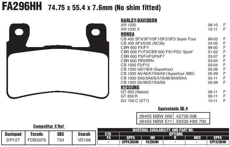 Brake Pads FA296 For HARLEY XR 1200 HONDA CB 400 CBR 600 F1/F2/F3/F4 CB 1300 Generic