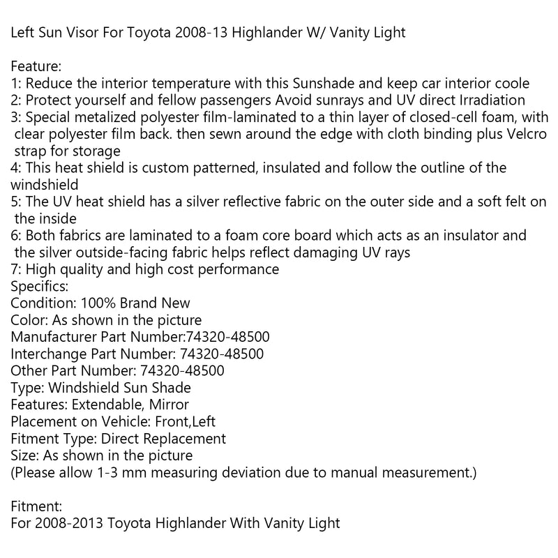 Left Sun Visor For Toyota 2008-13 Highlander W/ Vanity Light 74320-48500-B0/E0 Generic